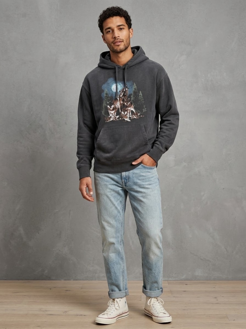 🐺NWT American Eagle Howling Wolf Moon Graphic Hoodie Sweatshirt Charcoal Grey XL